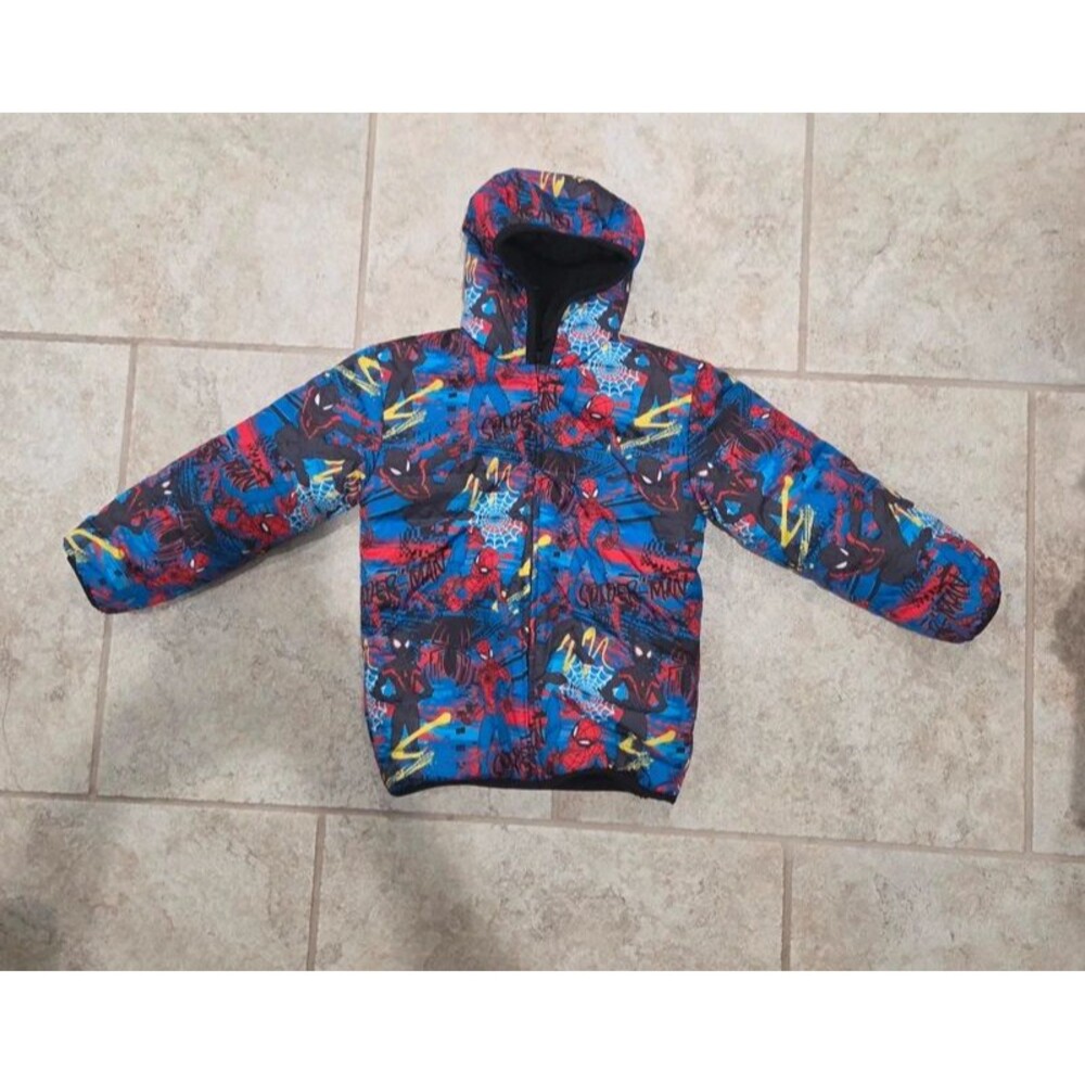 Marvel Spider-Man Boys Hooded Puffer Jacket Fleece Lined Blue Red Kids Size 7/8